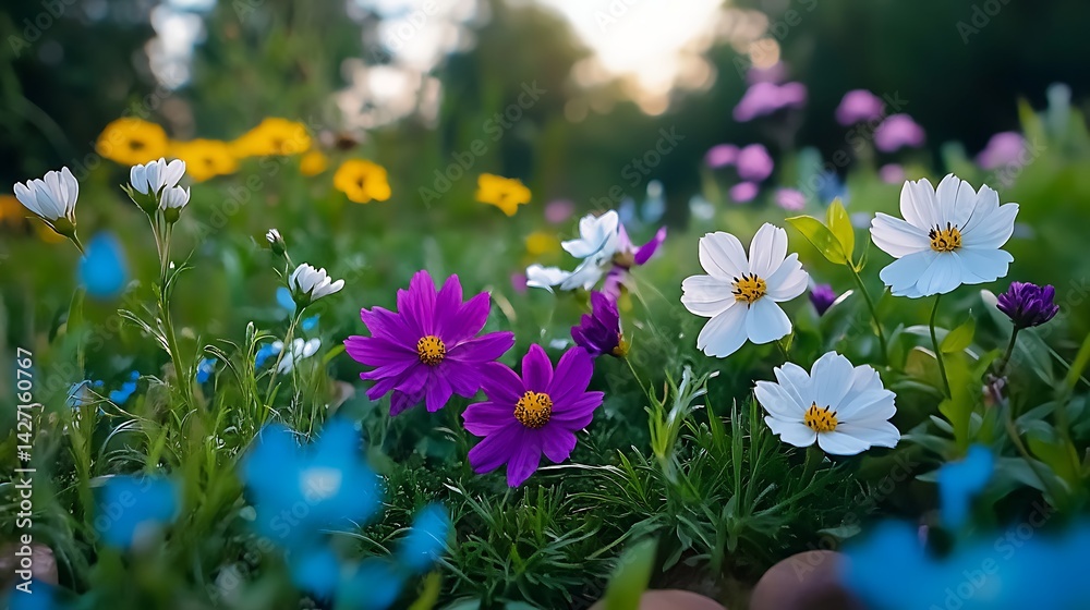 Vibrant Wildflower Meadow at Sunset Cosmos Daisies and Blue Flowers in Lush Green Foliage