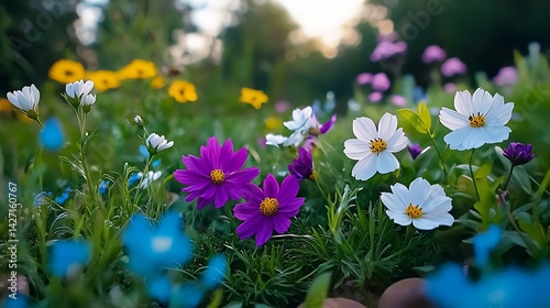 Obraz na płótnie Vibrant Wildflower Meadow at Sunset Cosmos Daisies and Blue Flowers in Lush Green Foliage w salonie
