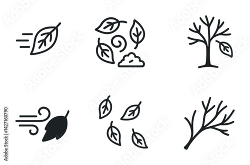 Autumn and nature icon set – outline style seasonal leaves and weather symbols for fall design, wind, foliage, leaf, tree, branch, swirl, breeze