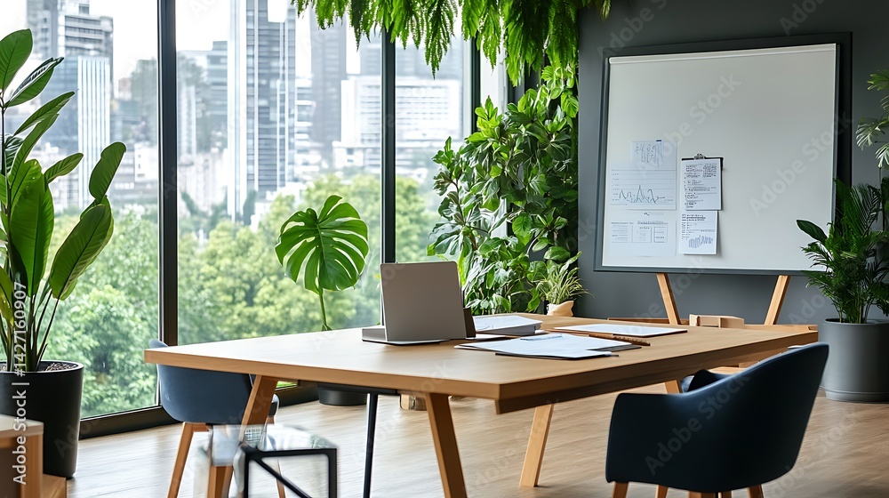 Modern minimalist workspace with large windows abundant greenery wooden table laptop and whiteboard