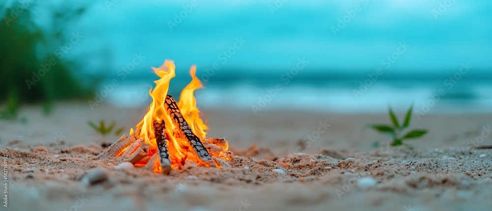 Coastal Bonfire at Dusk Glowing Embers Sandy Beach Ocean Horizon Tranquil Evening Scene