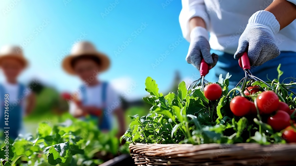 Harvesting Ripe Tomatoes and Greens in a Sunny Garden with Children Assisting