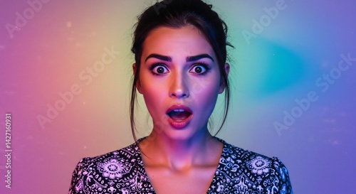 An amazed woman looks at the camera, her eyes wide open with surprise and awe