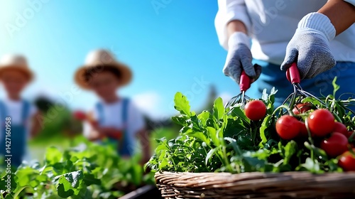 Obraz na płótnie Harvesting Ripe Tomatoes and Greens in a Sunny Garden with Children Assisting w salonie