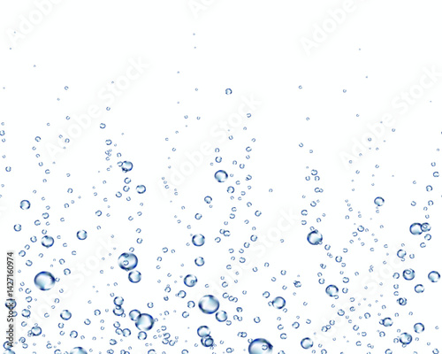 Bubbles underwater texture isolated on white background. Vector blue air, gas or oxygen under water. Realistic fizzy drink, soda effect seamless border