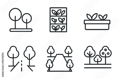 Gardening and landscaping icon set – outline style symbols for botanical design, plant care, and horticulture: trees, potted plants, garden path, greenery, forest, shrubs