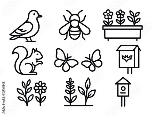 Nature and wildlife outline icons set – minimalist flora and fauna symbols for ecological designs, conservation, and gardens: bird, bee, squirrel, butterfly, flowers, bat box, birdhouse