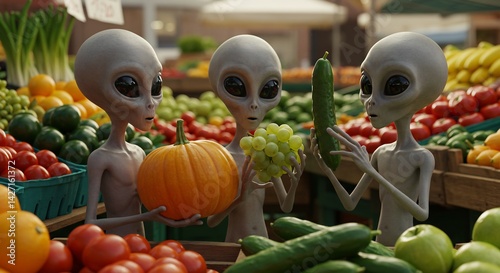 Aliens Exploring Earthly Delights at the Market