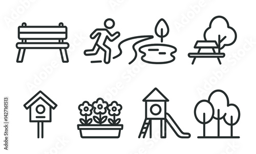 Public park outline icons set – minimalist nature and leisure symbols for outdoor spaces, recreation, and relaxation: bench, running track, pond, picnic table, birdhouse, flowers, playground, trees