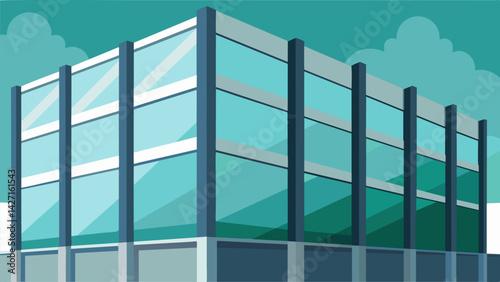 The glass panels are carefully aligned and secured to the buildings structure ensuring durability and stability.. Vector illustration