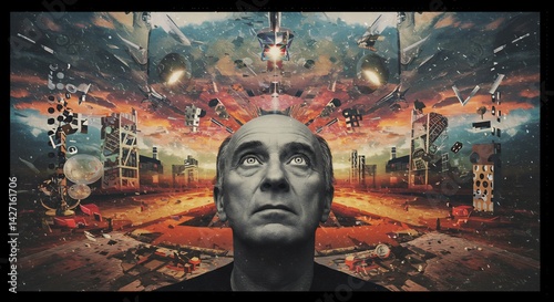 A surreal image of a man with a captivating, thought-provoking, looking up at an unusual environment