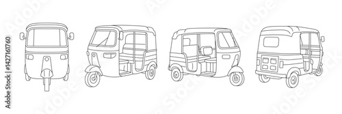 Minimalistic line drawing of a tuk tuk vehicle shown from different perspectives: front, side, and rear. Vector illustration
