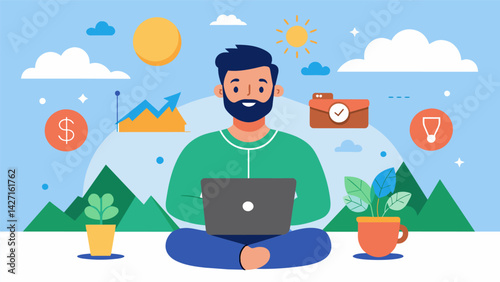 A man proudly showing off his digital nomad lifestyle on social media with a caption about how remote work has helped him combat debt and achieve. Vector illustration