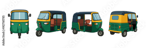 A cartoon-style illustration of a green and yellow indian auto rickshaw viewed from four different angles, showcasing its design