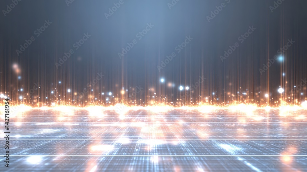 Abstract Glowing Grid Futuristic Digital Landscape with Shimmering Lights and Energy Beams