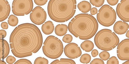 Vector pattern featuring cross sections of tree trunks with visible growth rings, ideal for nature-themed backgrounds or rustic designs
