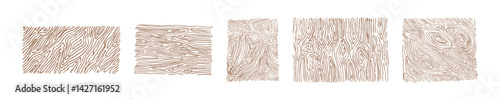 A collection of five hand-drawn wood grain patterns, each showcasing different line textures and natural wood characteristics
