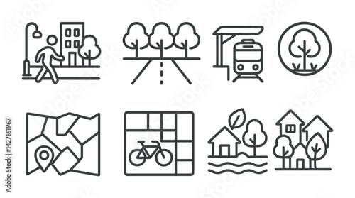 Cityscape and urban planning icon set – outline style symbols for architecture, public transit, and green spaces: skyscraper, tree-lined street, tram, map, bicycle lane, homes, park