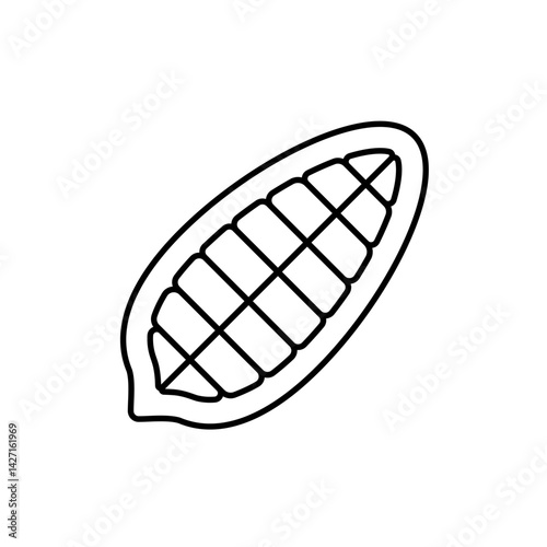 A simple black line drawing of a cacao bean with crosshatch details, showcasing the natural shape and texture