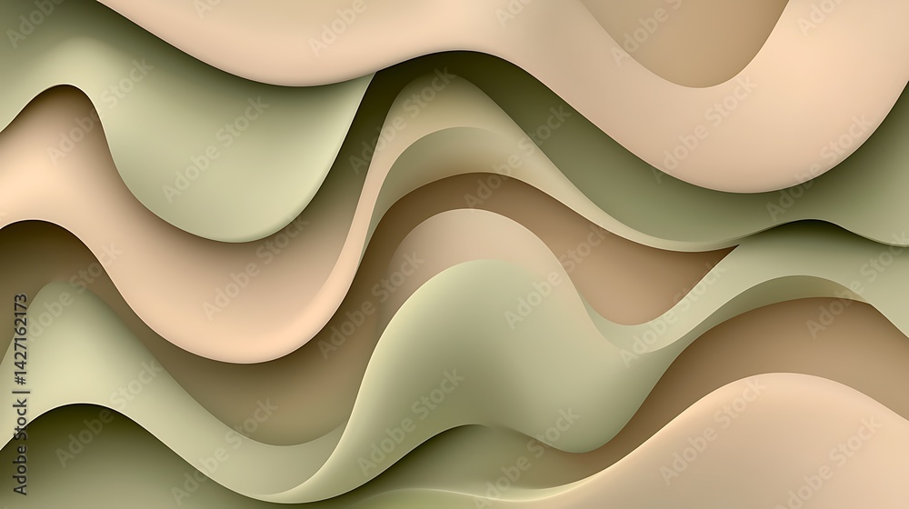 Abstract Wavy Layers of Soft Beige and Olive Green Hues Seamless Pattern Background