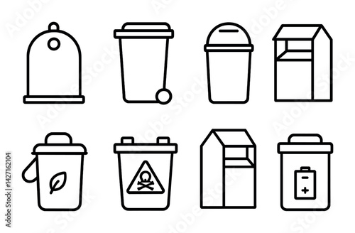 Recycling and waste management icon set – outline style environmental and sanitation symbols for eco-friendly urban planning: recycling bin, trash can, compost bin, hazardous waste, battery disposal,