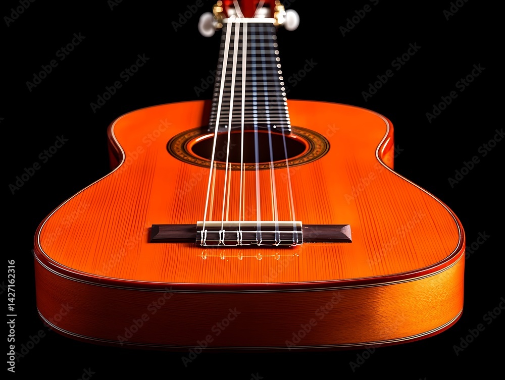 Vibrant Orange Acoustic Guitar CloseUp Detailed View of Strings and Body Polished Wood Finish Musical Instrument