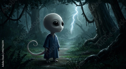 A whimsical alien creature exploring a mysterious forest with a magical storm