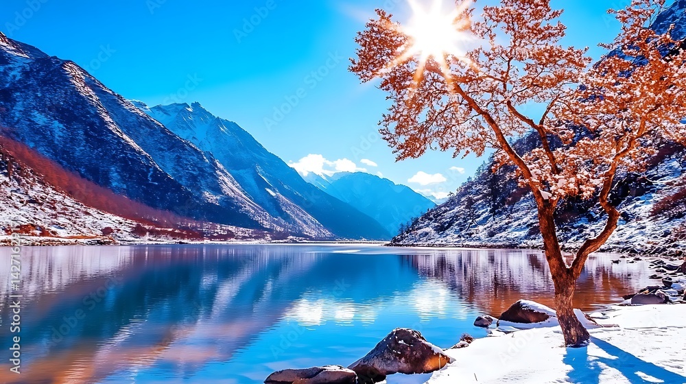 Serene Winter Landscape Snowcapped Mountains CrystalClear Lake and a Solitary Tree Basking in Sunlight