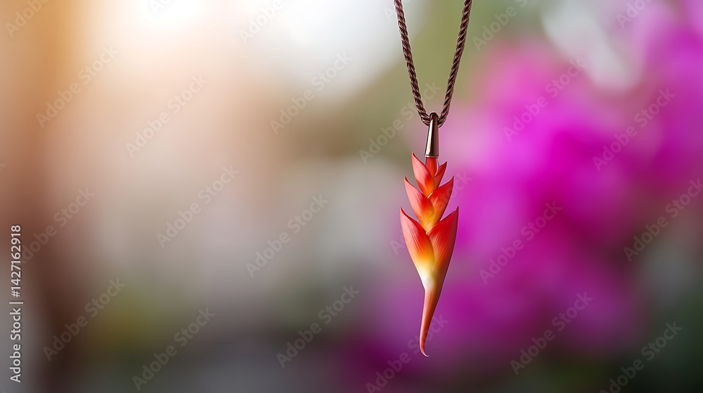 Vibrant Red Flower Pendant Necklace on Blurred Pink Background Closeup Shot Jewelry Photography