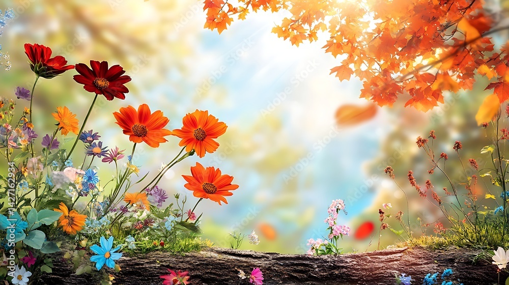 Vibrant Autumnal Meadow Scene with Blooming Orange and Red Flowers on a Sunlit Log