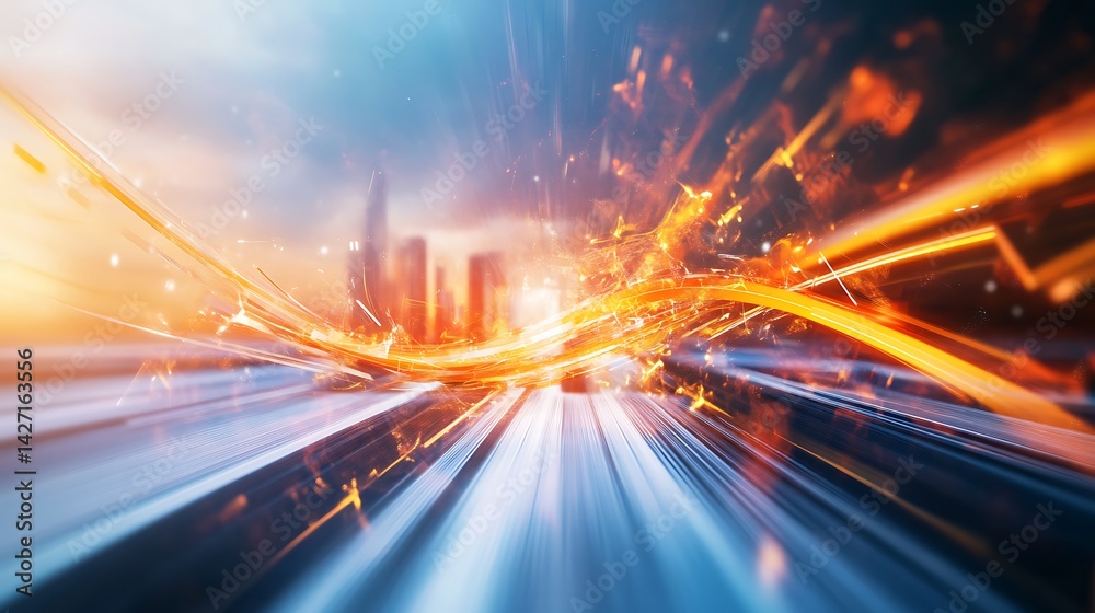 Futuristic Cityscape with Dynamic Energy Streams and Light Trails at Sunset