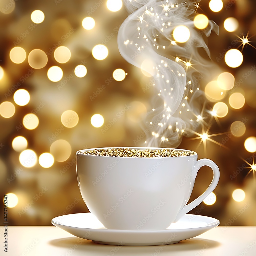 Sparkling Golden Beverage in White Cup with Steam Festive Bokeh Lights Background Cozy Winter Scene