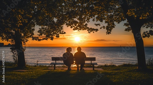 Serene sunset view shared by two people on a park bench overlooking a lake.