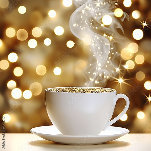 Obraz na płótnie Sparkling Golden Beverage in White Cup with Steam Festive Bokeh Lights Background Cozy Winter Scene w salonie