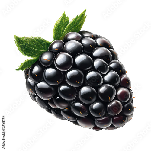 Ripe blackberry with green leaves on transparent background