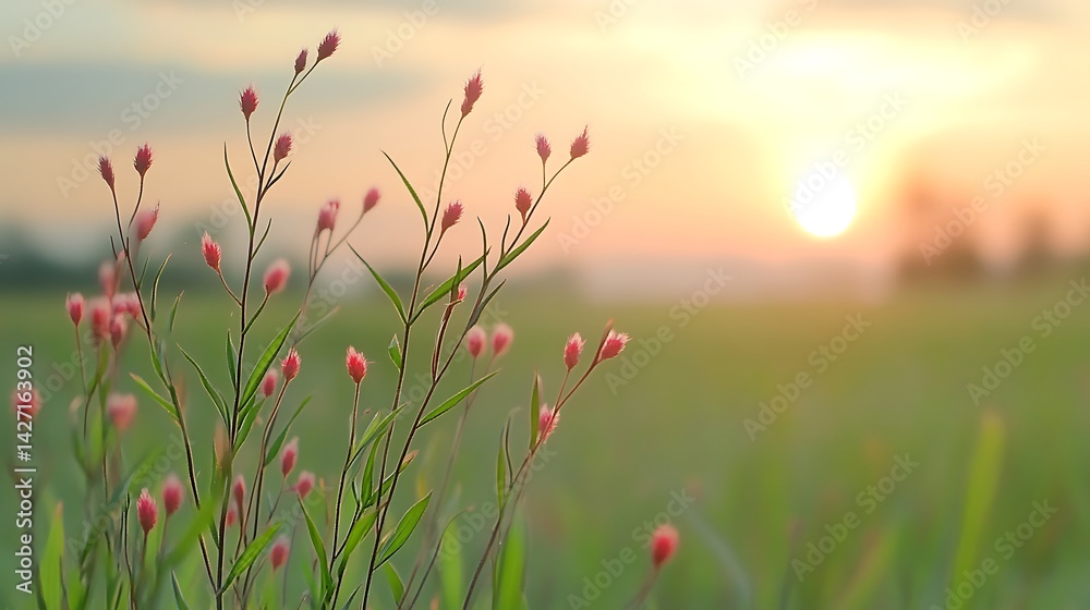 Sunset Meadow Delicate Pink Wildflowers Silhouetted Against a Warm Golden Horizon