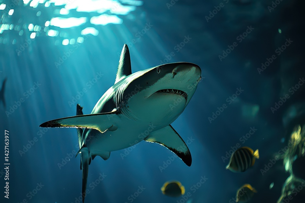 Fototapeta premium Majestic shark gliding through clear ocean waters, surrounded by colorful fish and sunbeams