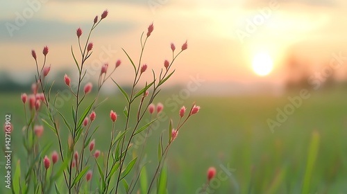 Obraz na płótnie Sunset Meadow Delicate Pink Wildflowers Silhouetted Against a Warm Golden Horizon w salonie