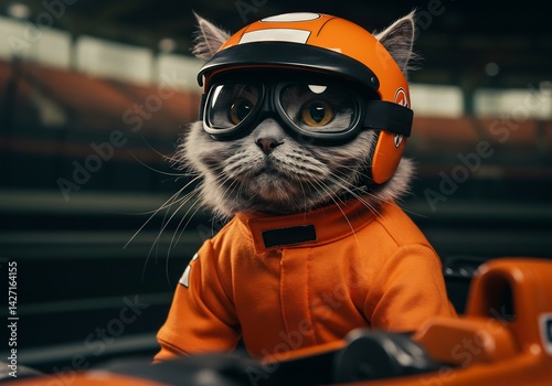 A cat with an orange helmet and goggles, dressed in a racing suit, sits in a car, ready to race. The cat has a focused expression and appears to be ready for action. 