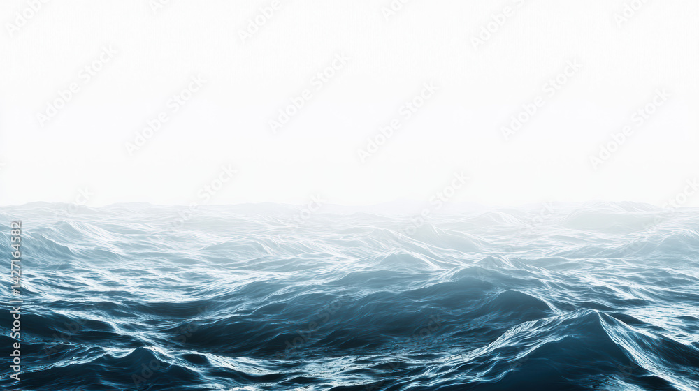 Fototapeta premium A tranquil, misty sea with gentle waves rolling towards the horizon, creating a serene and peaceful atmosphere in a monochromatic blue and white seascape view.