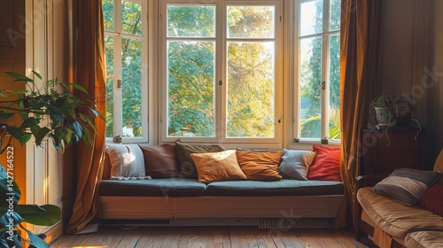 Cozy living room with a bay window and a window seat filled with pillows.