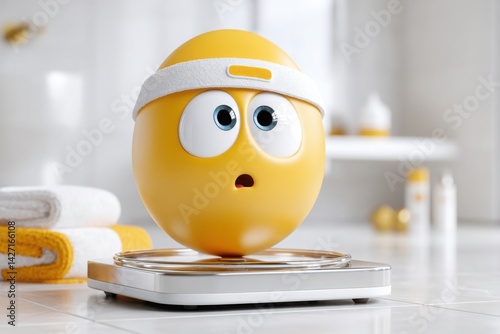 Shocked yellow emoji character with headband standing on bathroom scale surrounded by towels and fitness items in bright room. Copy space