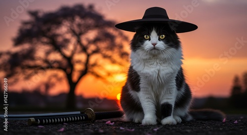 A distinguished cat donning a hat and katana blade, against a sunset backdrop. This captivating image brings together elegance and a sense of adventure