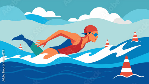 A triathlete fighting against fierce winds and choppy waves swimming towards the finish buoy in the open water.. Vector illustration