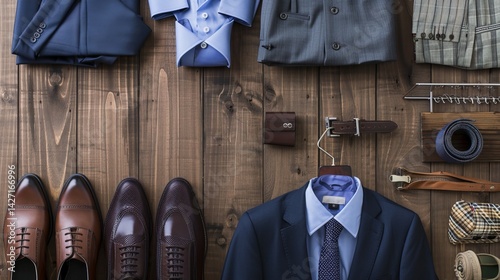 Men's clothing essentials displayed on a wooden background. Includes a navy suit, dress shirts, shoes, belt, and tie. Overhead view with ample space for customization.