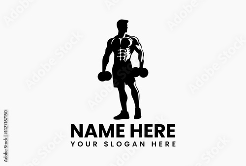 Abstract fitness logo icon featuring muscular male figure, minimalist gym vector silhouette isolated on white background for sports identity