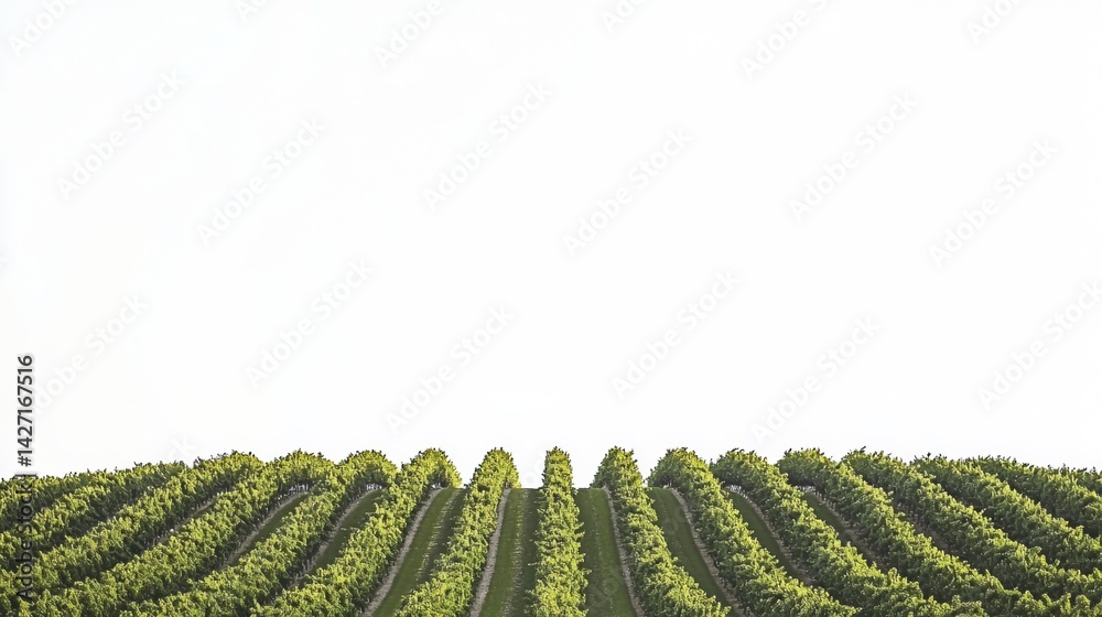 Fototapeta premium Lush green vineyard rows stretch across the landscape under a bright sky in summer