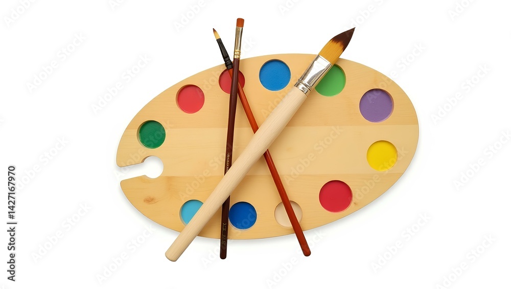 Wooden Art Palette with Colorful Paints and Brushes. Wooden Art Palette with Colorful Paints and Brushes.
