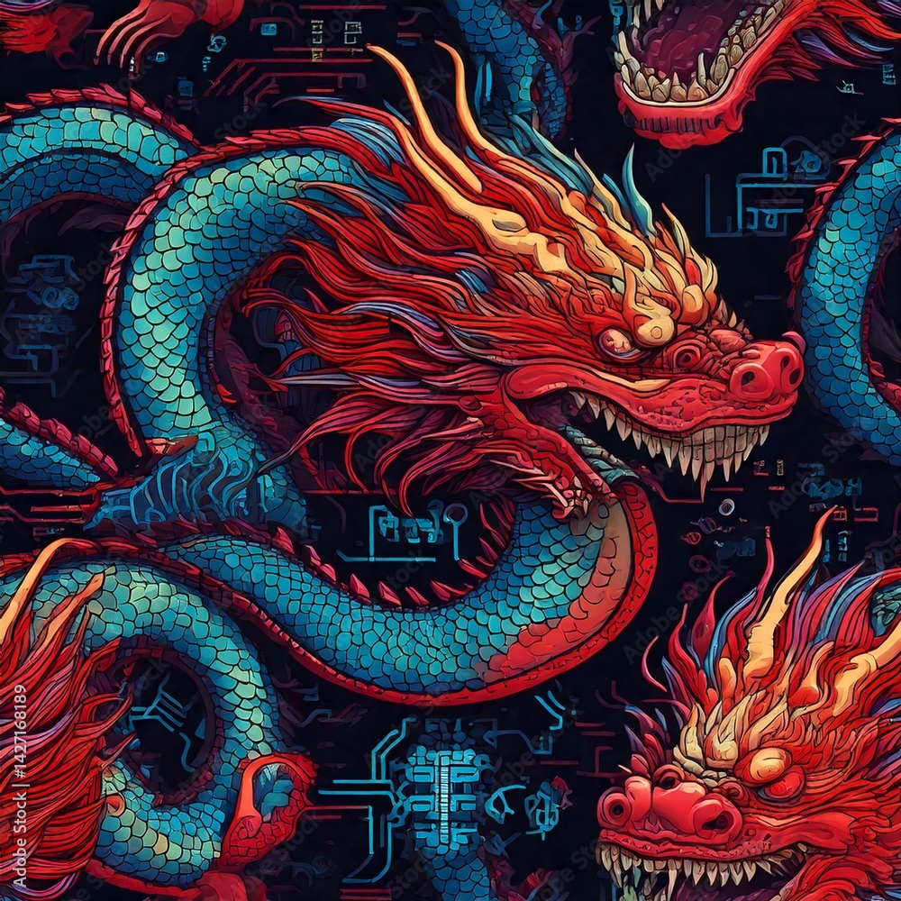Naklejka premium Seamless Digital Chinese Dragon Pattern with Pixel Art and Tech Circuitry