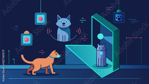 A futuristic pet wall that uses infrared technology to detect and respond to your pets movements creating a personalized play experience.. Vector illustration